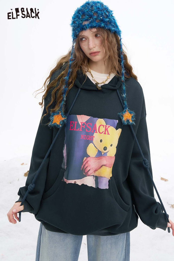 ELFSACK Soft Animal Graphic Letter Graphic Solid Hooded Drawstring Sweatshirt