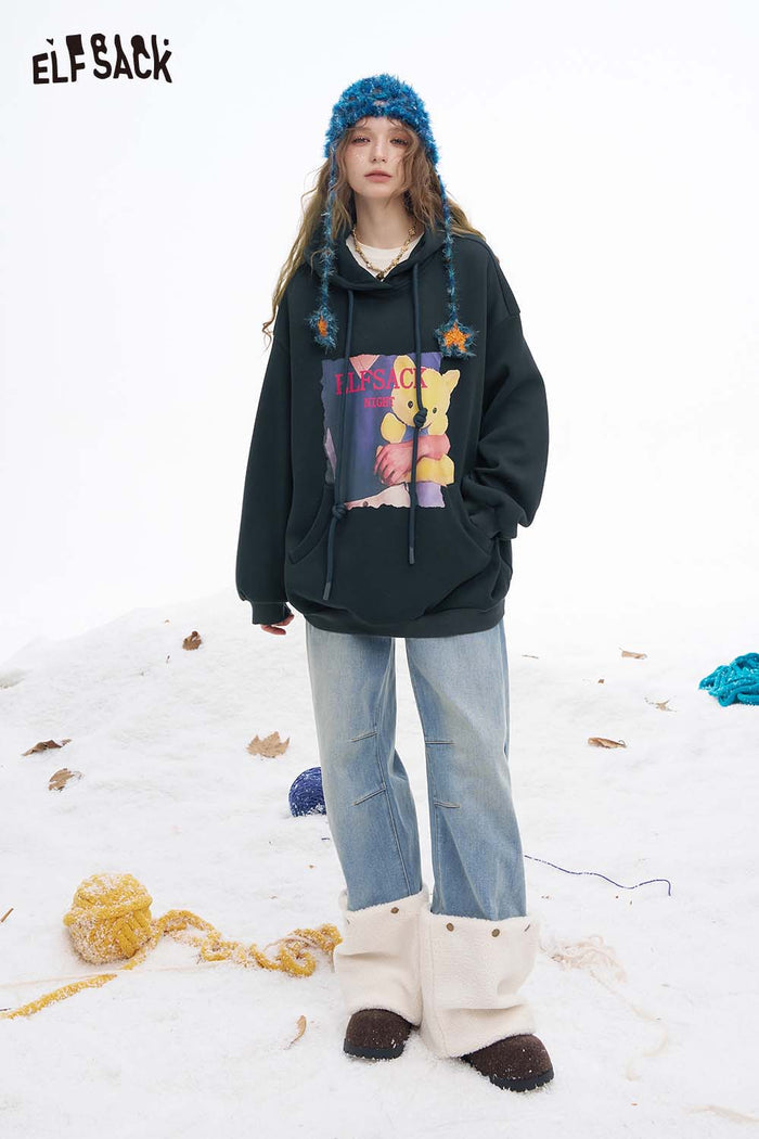 ELFSACK Soft Animal Graphic Letter Graphic Solid Hooded Drawstring Sweatshirt