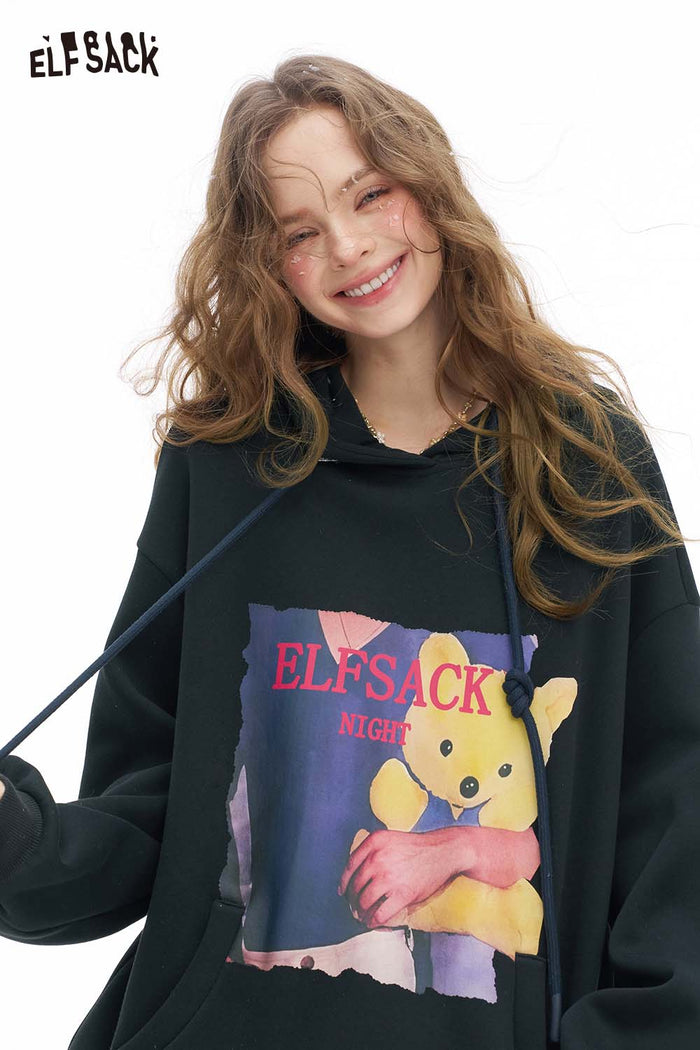 ELFSACK Soft Animal Graphic Letter Graphic Solid Hooded Drawstring Sweatshirt