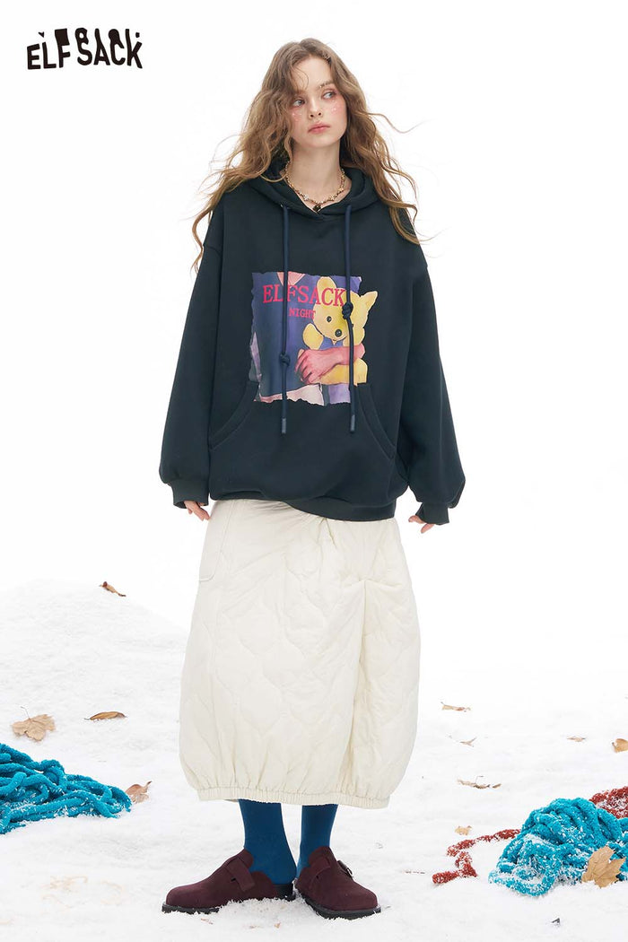 ELFSACK Soft Animal Graphic Letter Graphic Solid Hooded Drawstring Sweatshirt