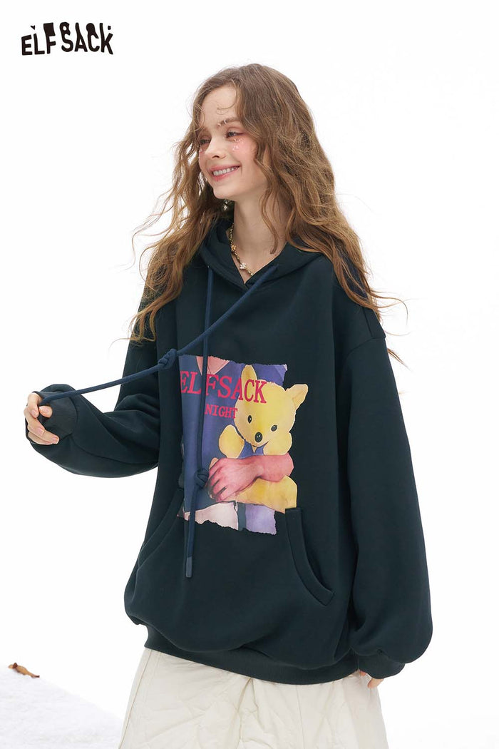 ELFSACK Soft Animal Graphic Letter Graphic Solid Hooded Drawstring Sweatshirt