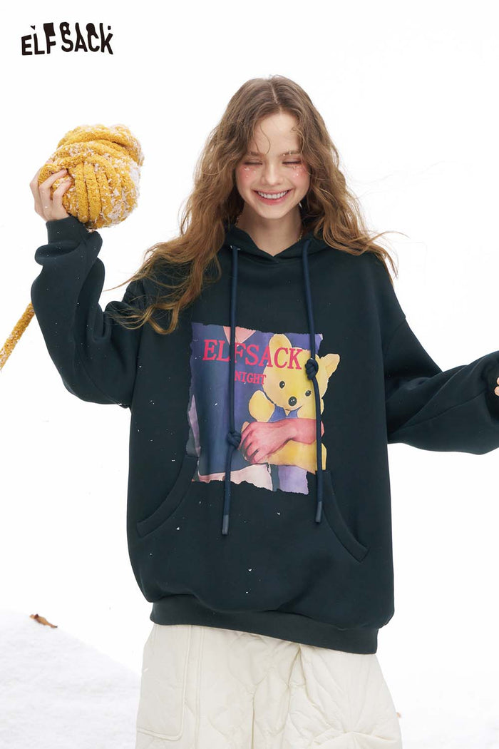 ELFSACK Soft Animal Graphic Letter Graphic Solid Hooded Drawstring Sweatshirt
