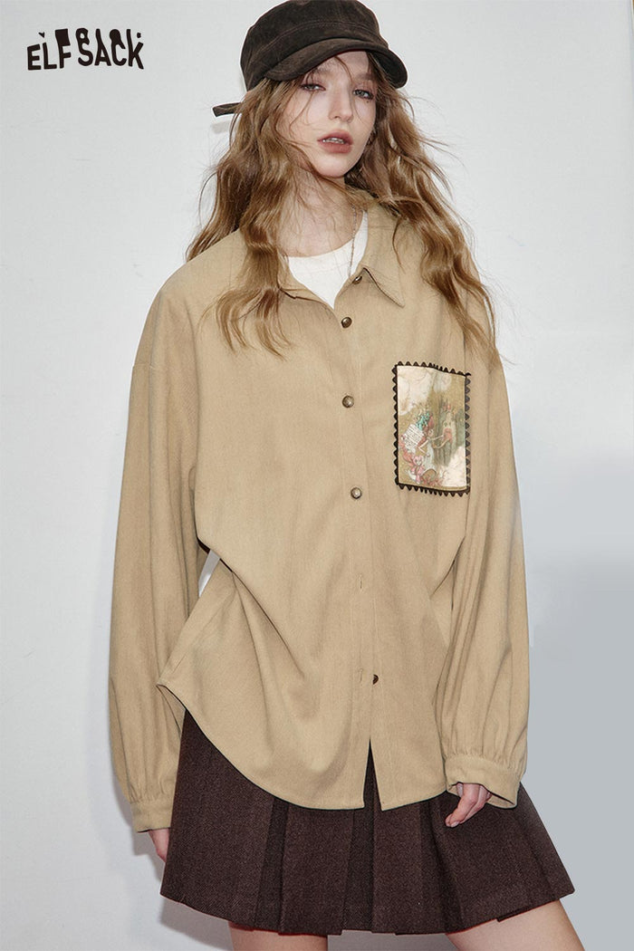 ELFSACK Soft Art-print Appliqued Oversized Shirt