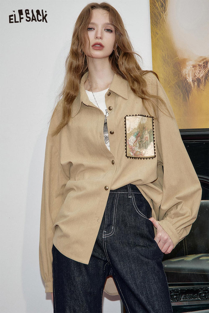 ELFSACK Soft Art-print Appliqued Oversized Shirt