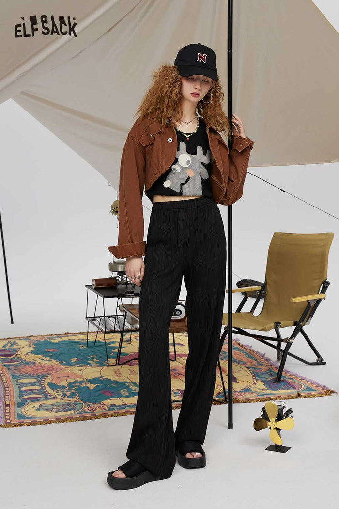 ELFSACK Soft Black Ribbed Draping Wide Leg Slim Pants