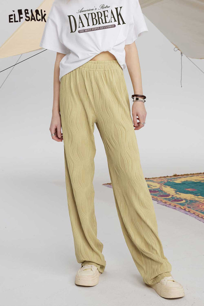 ELFSACK Soft Black Ribbed Draping Wide Leg Slim Pants