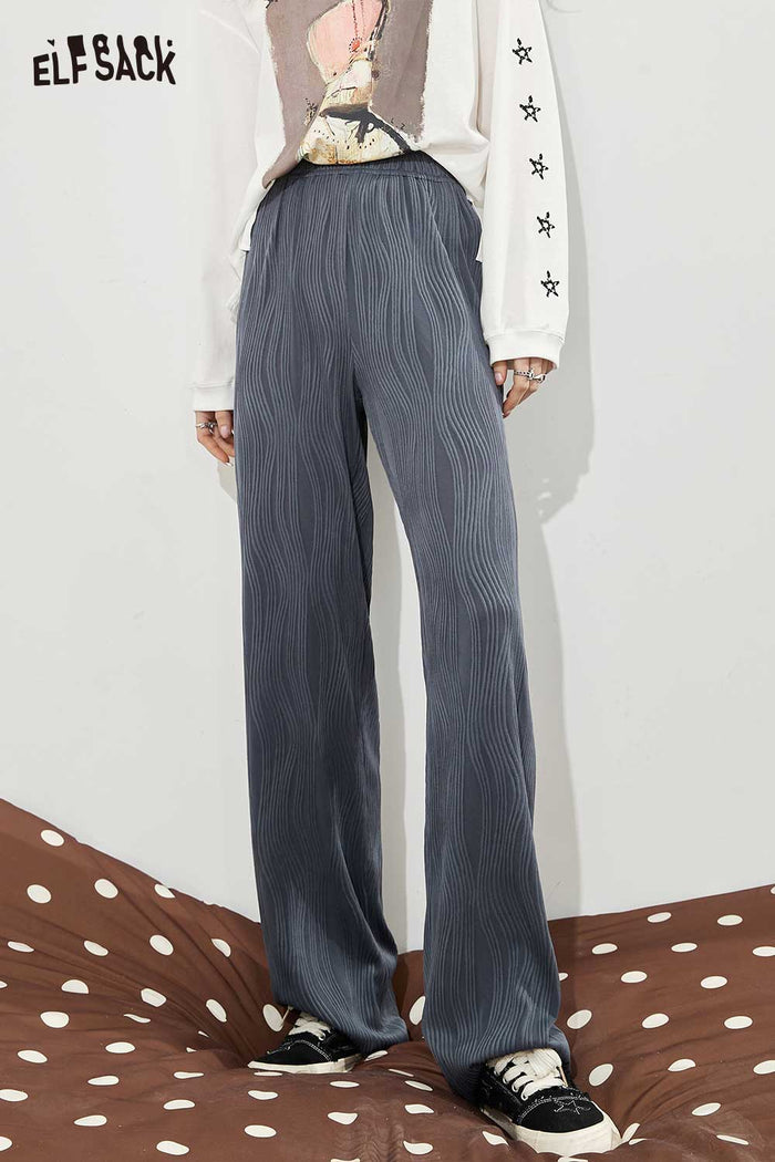 ELFSACK Soft Black Ribbed Draping Wide Leg Slim Pants