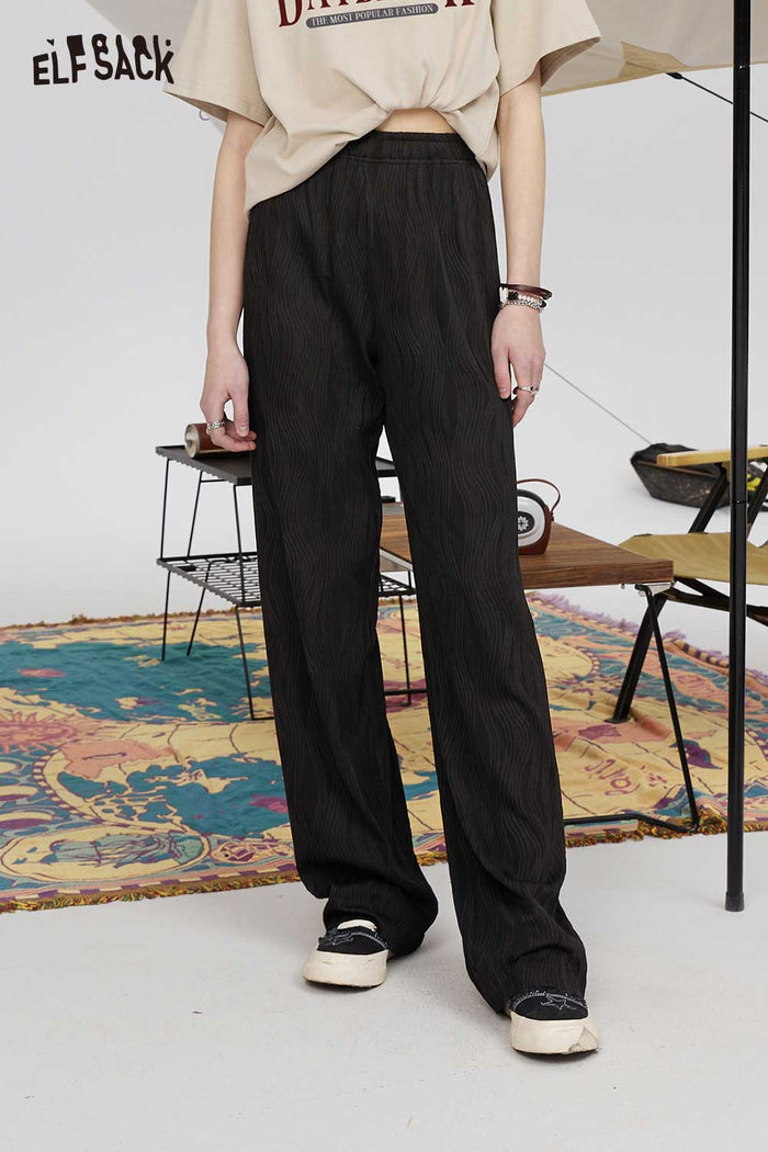 ELFSACK Soft Black Ribbed Draping Wide Leg Slim Pants