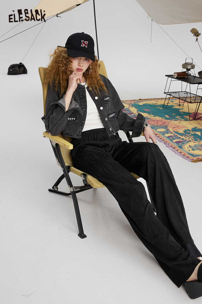 ELFSACK Soft Black Ribbed Draping Wide Leg Slim Pants