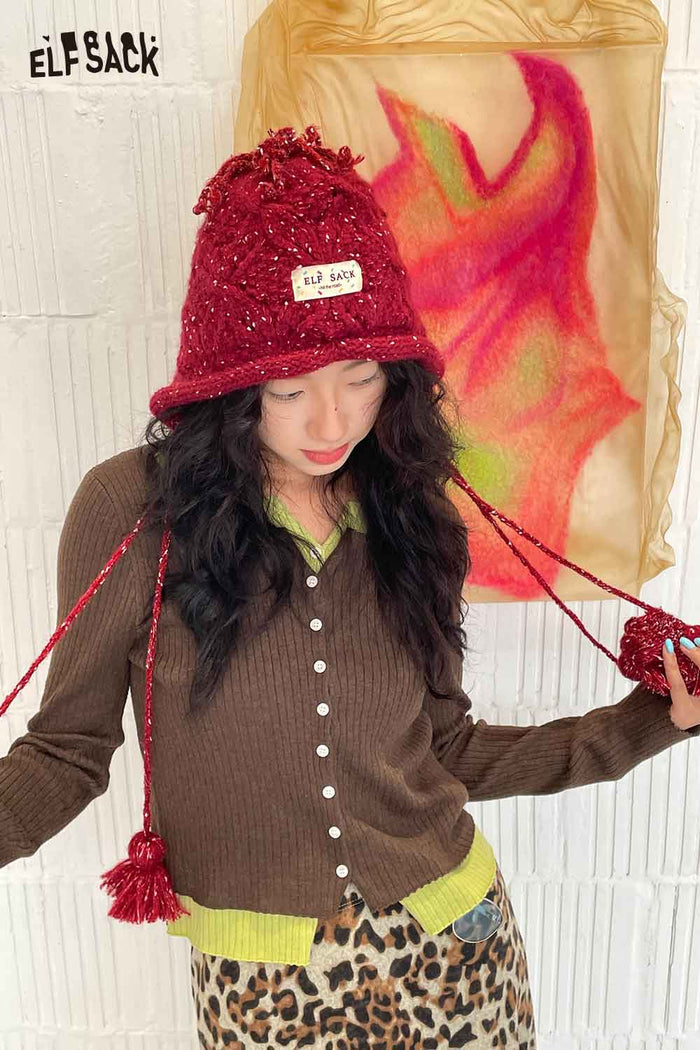 ELFSACK Soft Braided Tassel Detail Solid Color Bucket Hat