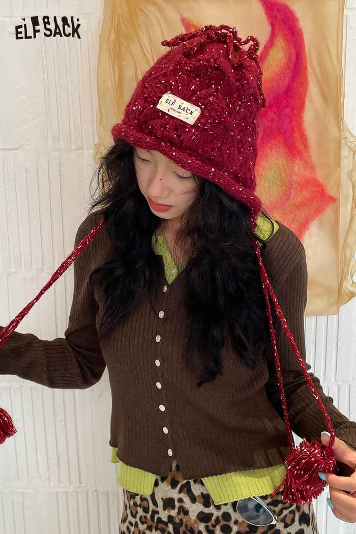 ELFSACK Soft Braided Tassel Detail Solid Color Bucket Hat