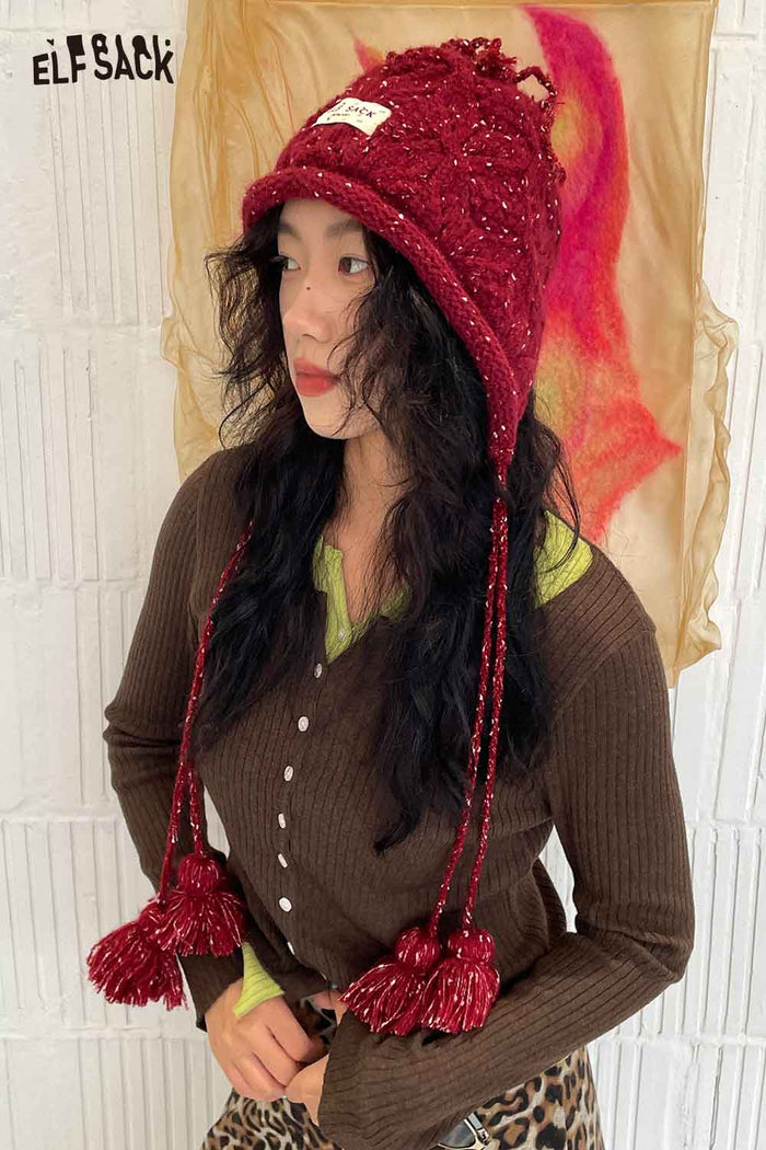 ELFSACK Soft Braided Tassel Detail Solid Color Bucket Hat