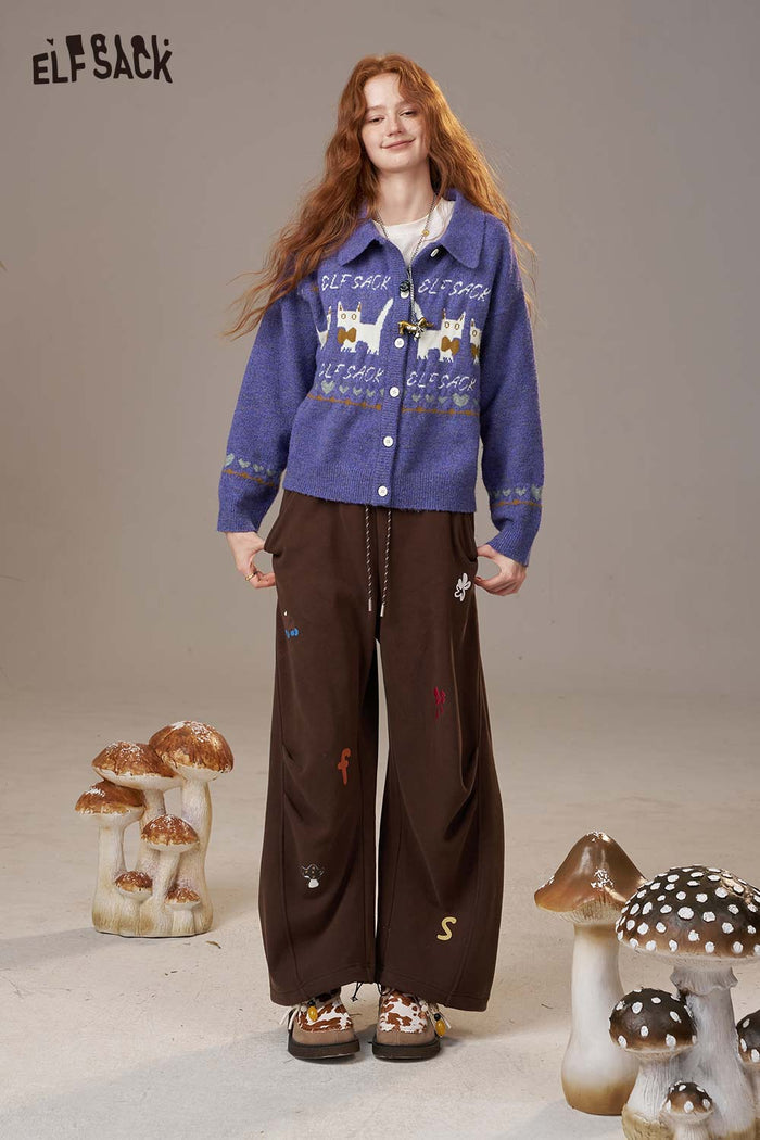 ELFSACK Soft Cartoon Kitten Print Design Knit Cardigan