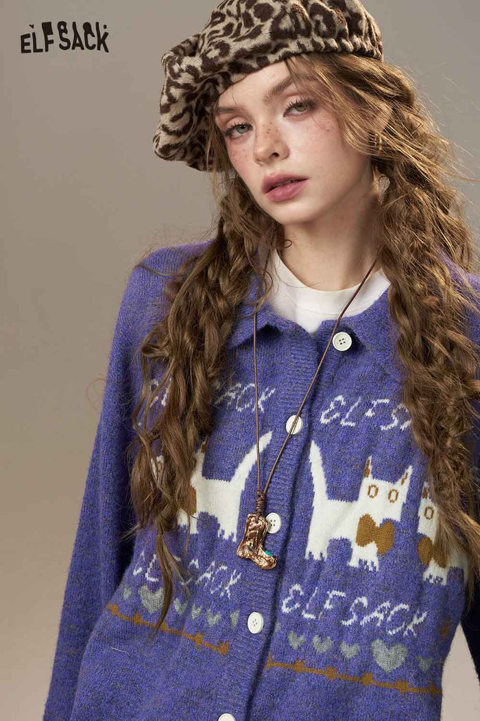 ELFSACK Soft Cartoon Kitten Print Design Knit Cardigan
