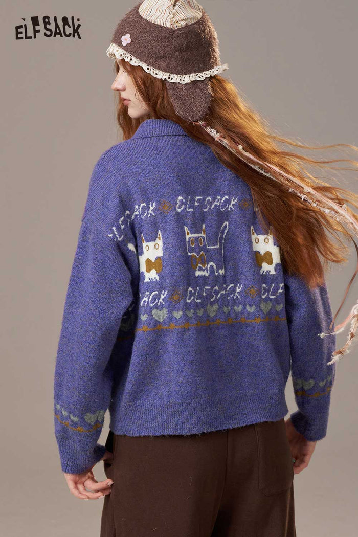 ELFSACK Soft Cartoon Kitten Print Design Knit Cardigan