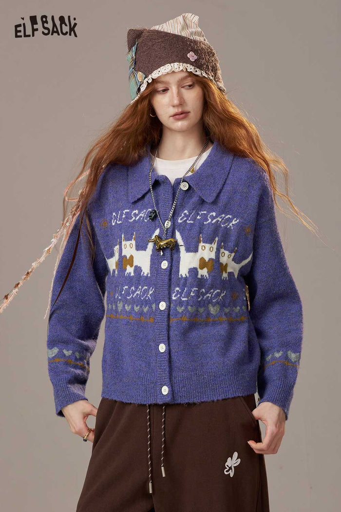 ELFSACK Soft Cartoon Kitten Print Design Knit Cardigan