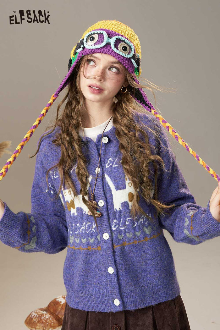 ELFSACK Soft Cartoon Kitten Print Design Knit Cardigan
