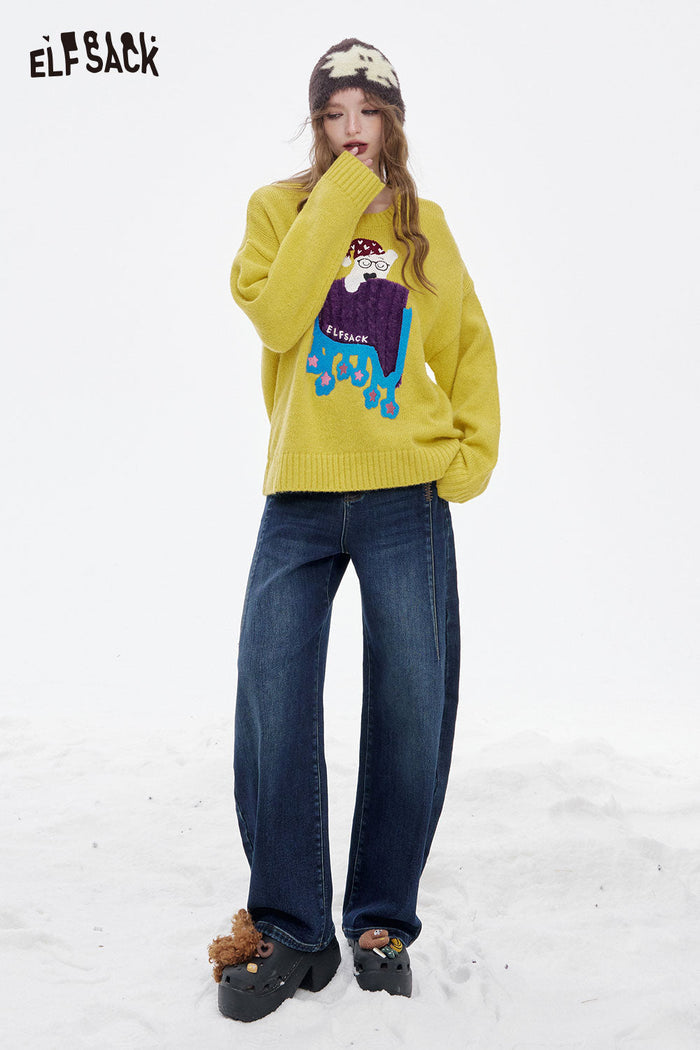 ELFSACK Soft Casual Classic Loose Solid Floor Length Curved Hem Jeans