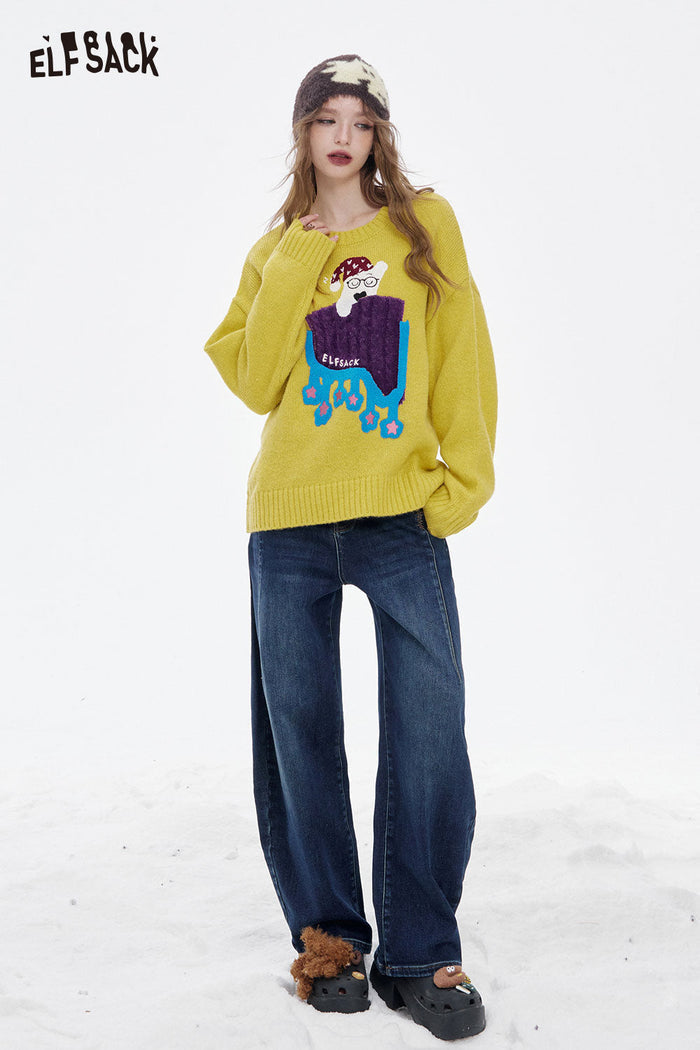 ELFSACK Soft Casual Classic Loose Solid Floor Length Curved Hem Jeans