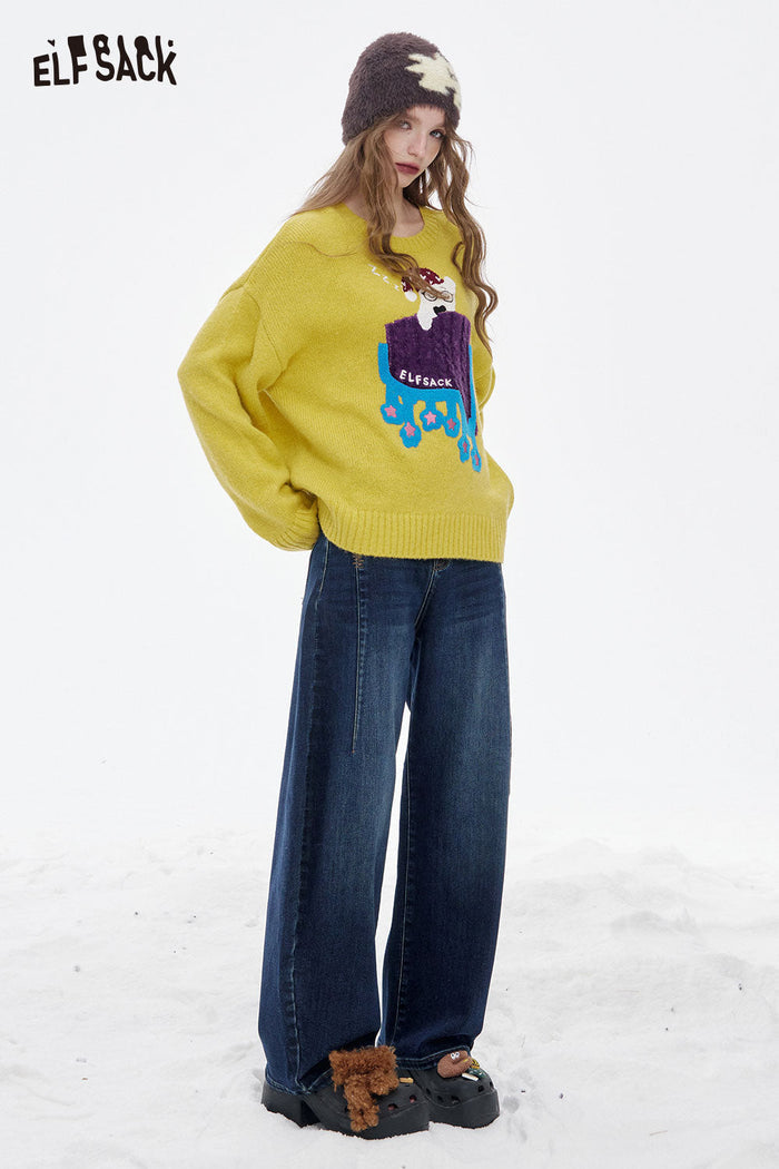 ELFSACK Soft Casual Classic Loose Solid Floor Length Curved Hem Jeans