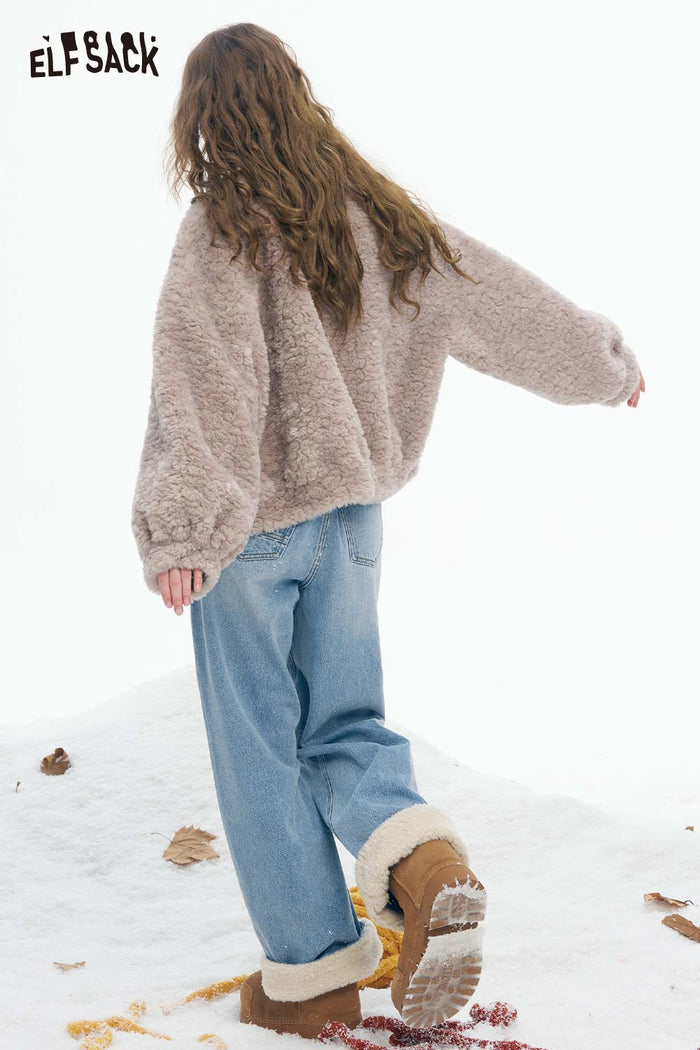 ELFSACK Soft Casual Classic Solid Plush Cuff Straight Floor Length Jeans