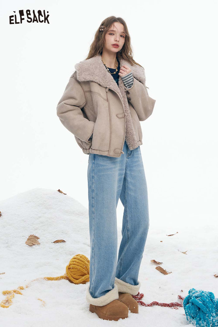 ELFSACK Soft Casual Classic Solid Plush Cuff Straight Floor Length Jeans