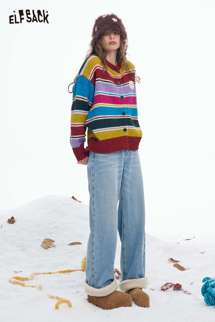 ELFSACK Soft Casual Classic Solid Plush Cuff Straight Floor Length Jeans