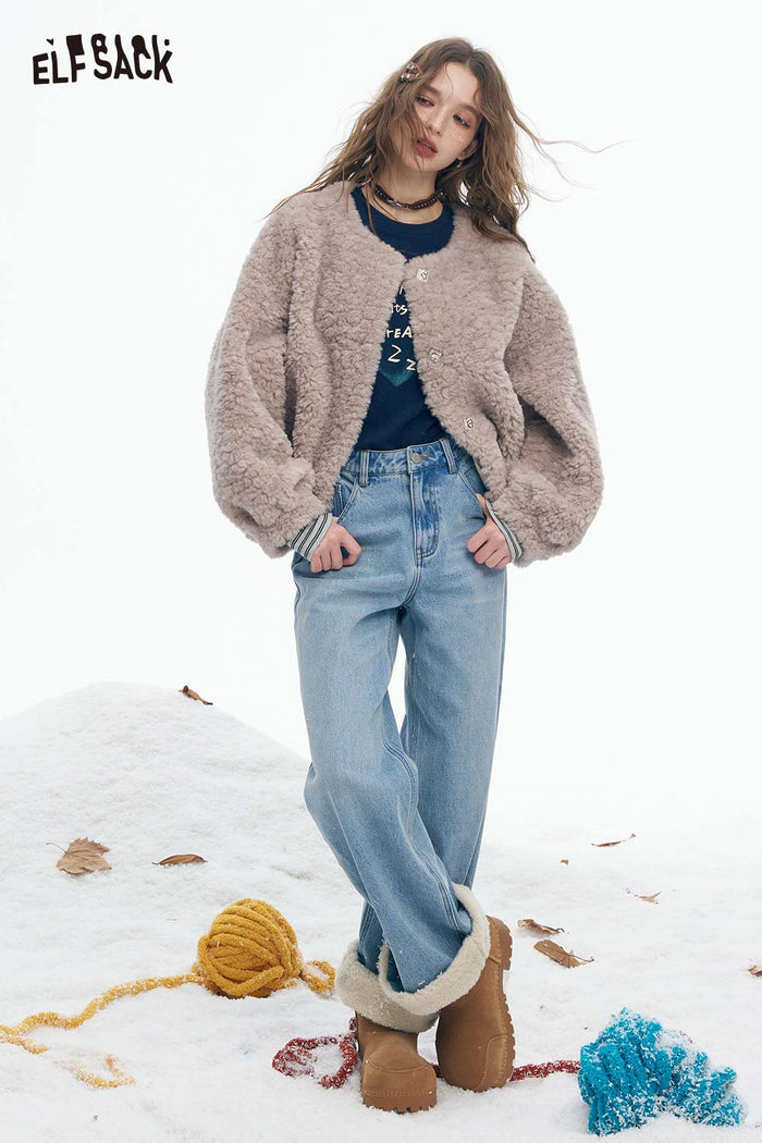 ELFSACK Soft Casual Classic Solid Plush Cuff Straight Floor Length Jeans