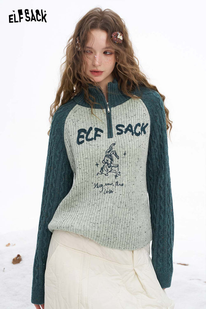ELFSACK Soft Casual Graphic High Neck Half Zipper Color Block Knitwear