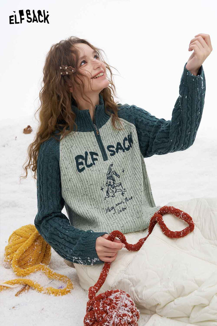 ELFSACK Soft Casual Graphic High Neck Half Zipper Color Block Knitwear
