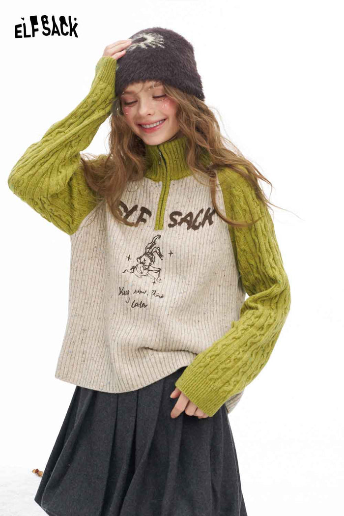 ELFSACK Soft Casual Graphic High Neck Half Zipper Color Block Knitwear