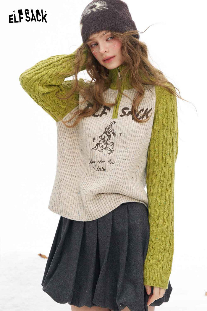 ELFSACK Soft Casual Graphic High Neck Half Zipper Color Block Knitwear