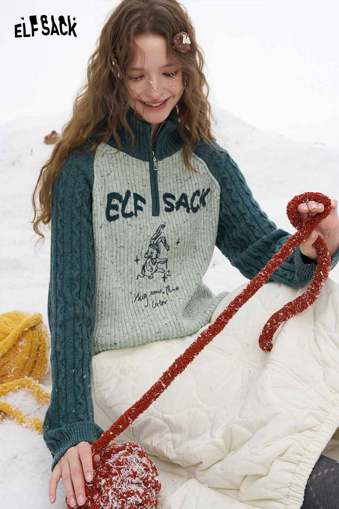 ELFSACK Soft Casual Graphic High Neck Half Zipper Color Block Knitwear