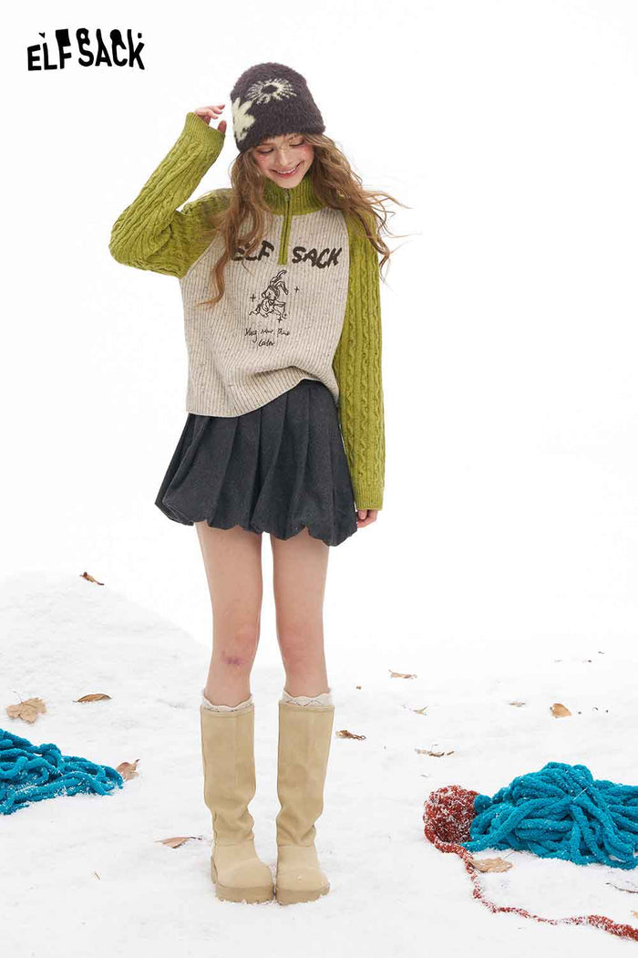 ELFSACK Soft Casual Graphic High Neck Half Zipper Color Block Knitwear