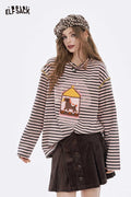 ELFSACK Soft Casual Loose Preppy Stripe Graphic Round Neck Tshirt