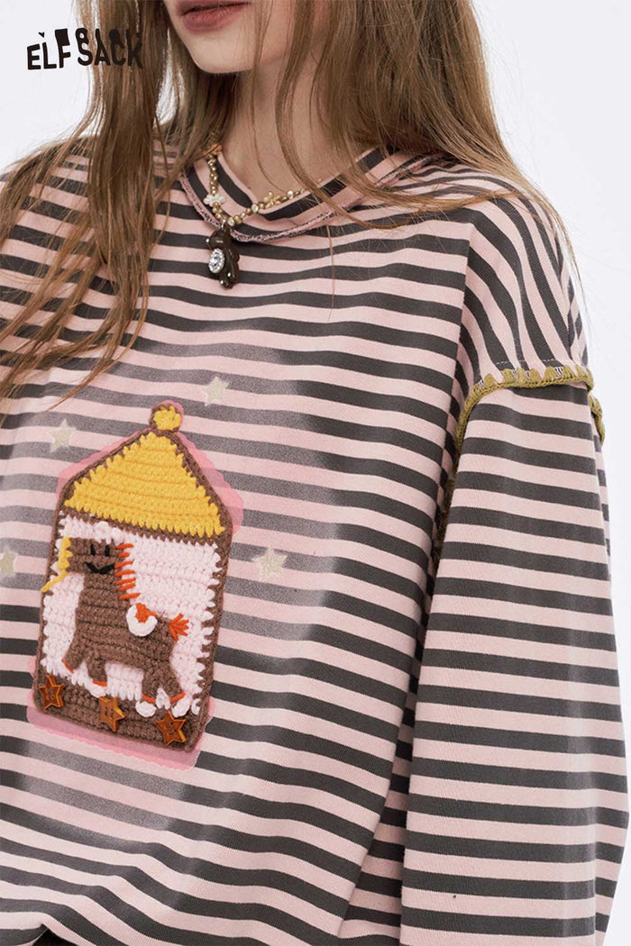ELFSACK Soft Casual Loose Preppy Stripe Graphic Round Neck Tshirt