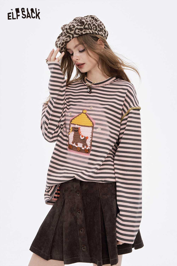 ELFSACK Soft Casual Loose Preppy Stripe Graphic Round Neck Tshirt