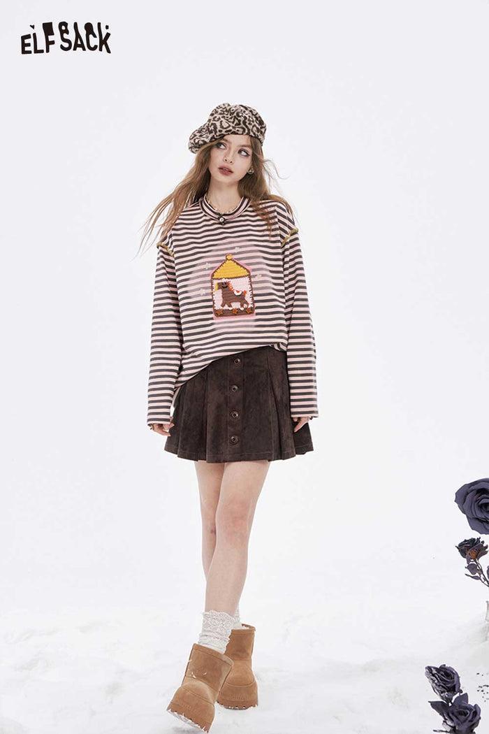 ELFSACK Soft Casual Loose Preppy Stripe Graphic Round Neck Tshirt
