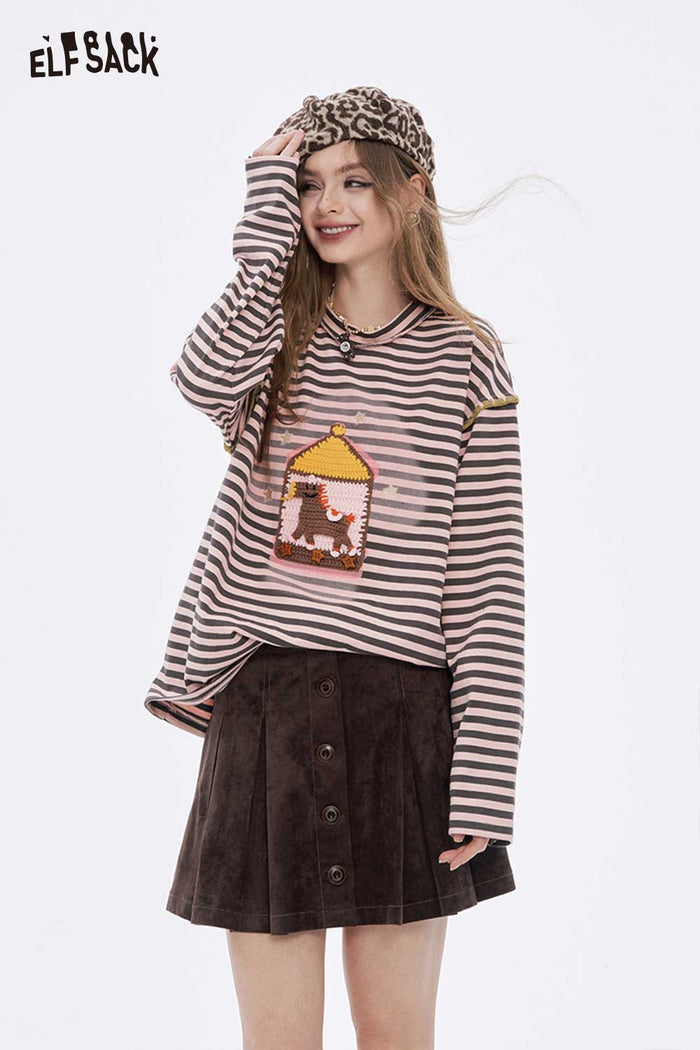 ELFSACK Soft Casual Loose Preppy Stripe Graphic Round Neck Tshirt
