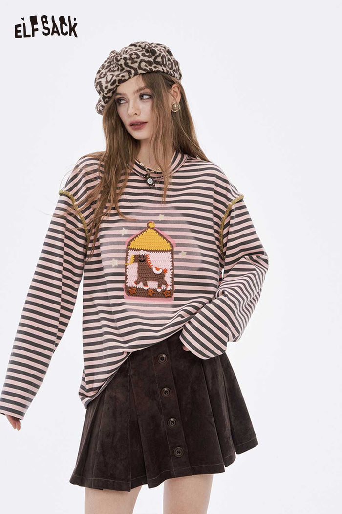 ELFSACK Soft Casual Loose Preppy Stripe Graphic Round Neck Tshirt