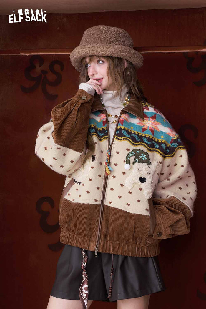 ELFSACK Soft Casual Stripe 3D Dog Graphic Lapel Coat