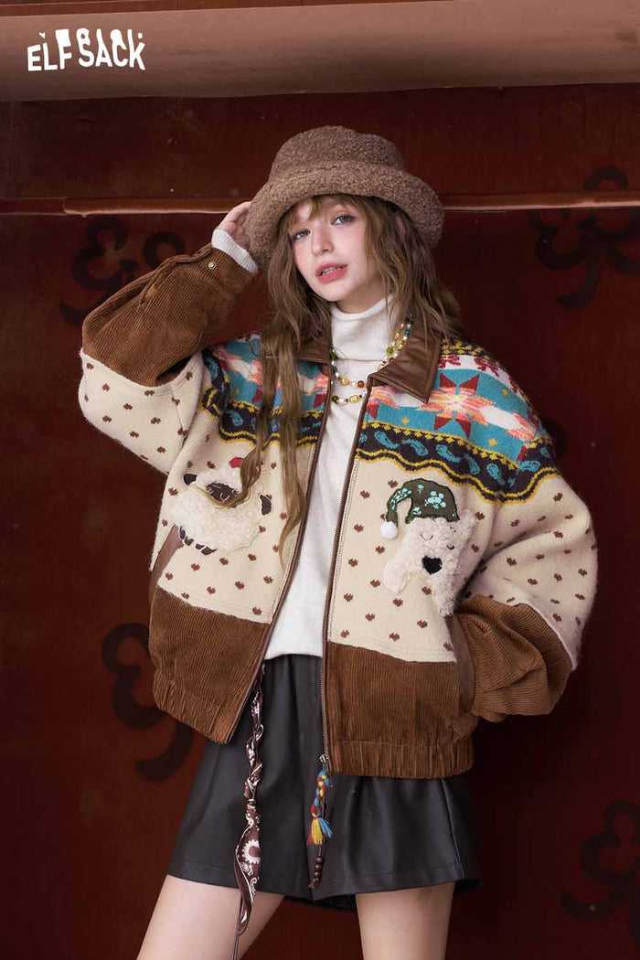 ELFSACK Soft Casual Stripe 3D Dog Graphic Lapel Coat