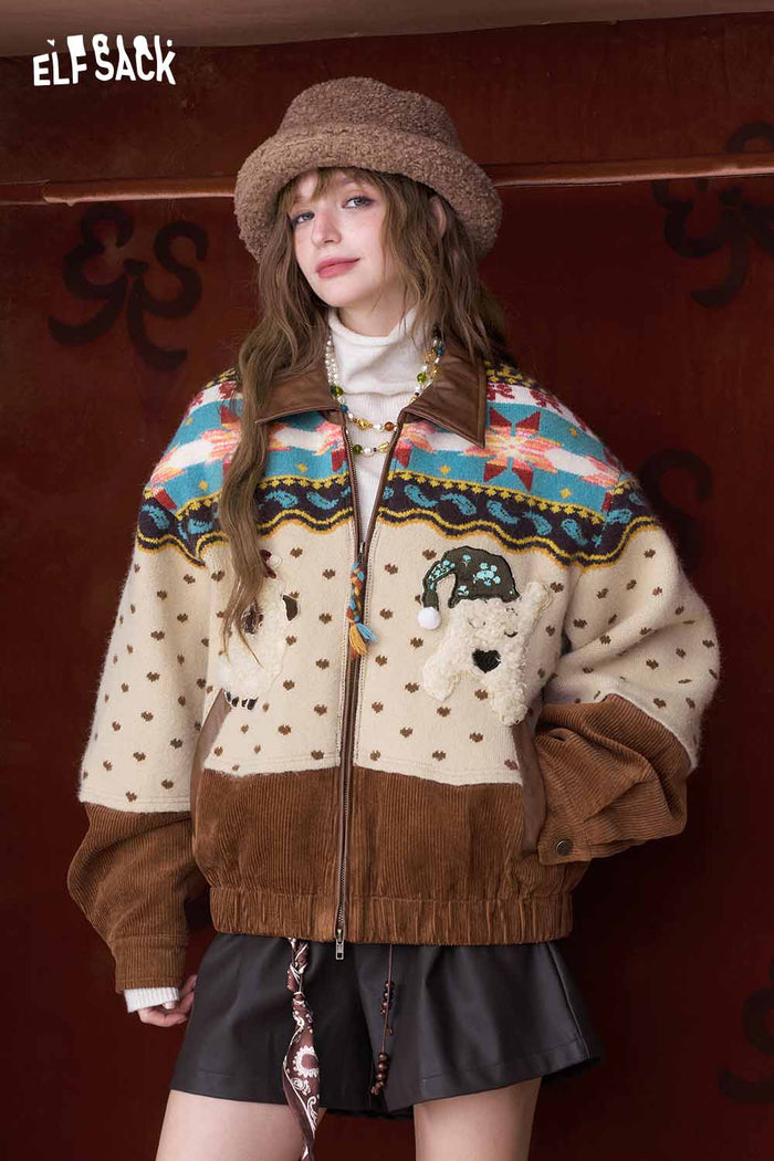 ELFSACK Soft Casual Stripe 3D Dog Graphic Lapel Coat