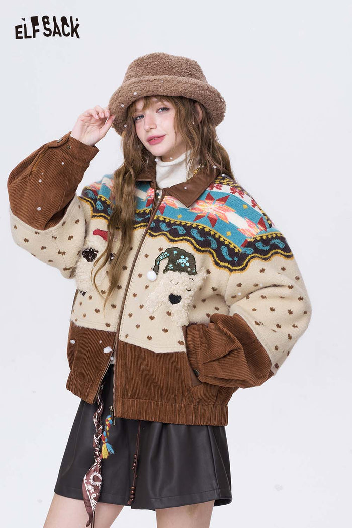 ELFSACK Soft Casual Stripe 3D Dog Graphic Lapel Coat