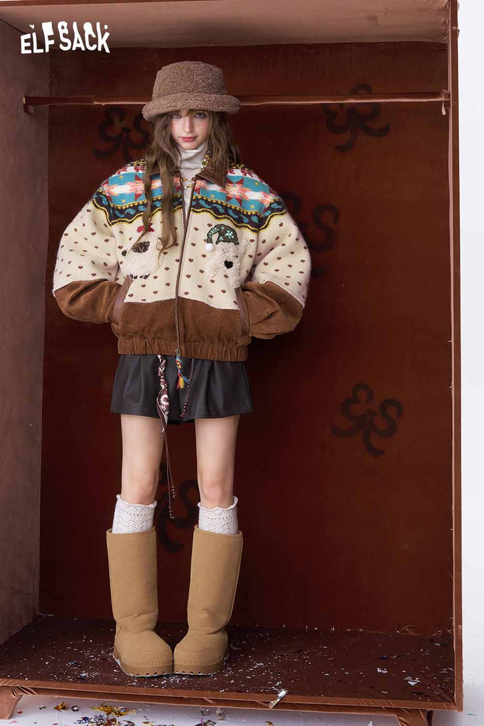 ELFSACK Soft Casual Stripe 3D Dog Graphic Lapel Coat