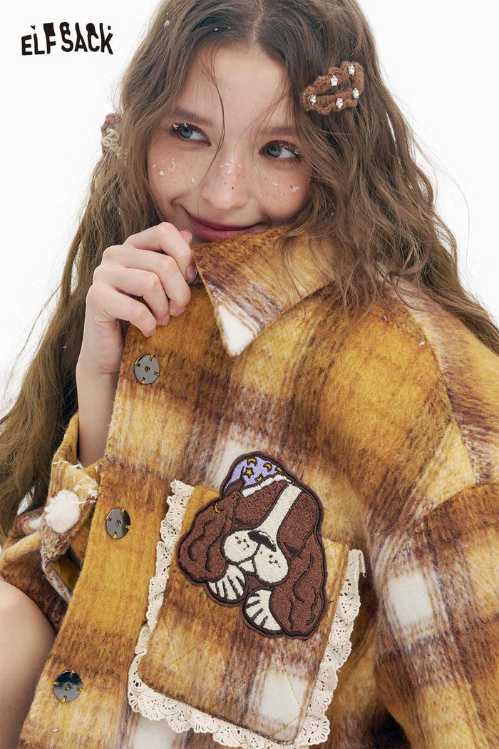 ELFSACK Soft Casual Stripe Dog Graphic Single Breasted Stand Collar Coat