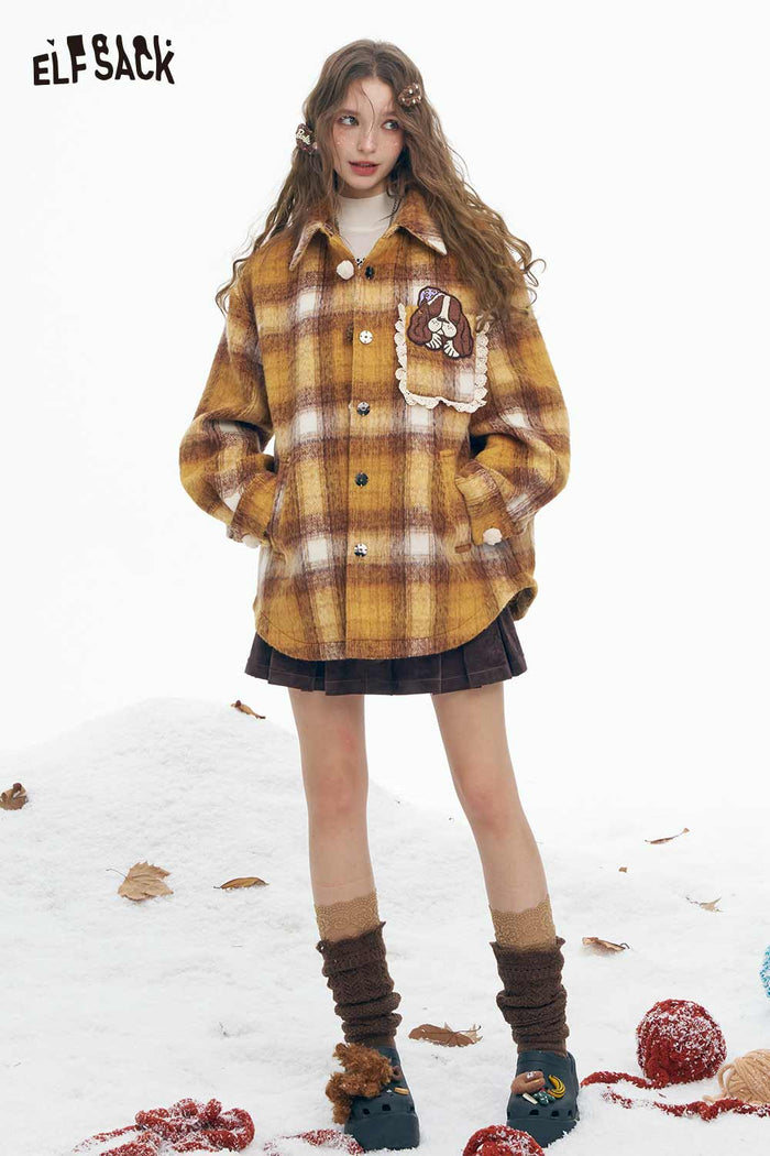 ELFSACK Soft Casual Stripe Dog Graphic Single Breasted Stand Collar Coat