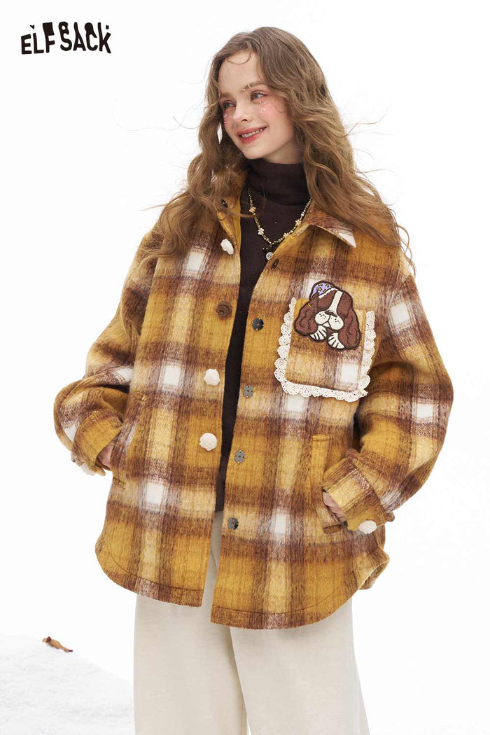 ELFSACK Soft Casual Stripe Dog Graphic Single Breasted Stand Collar Coat