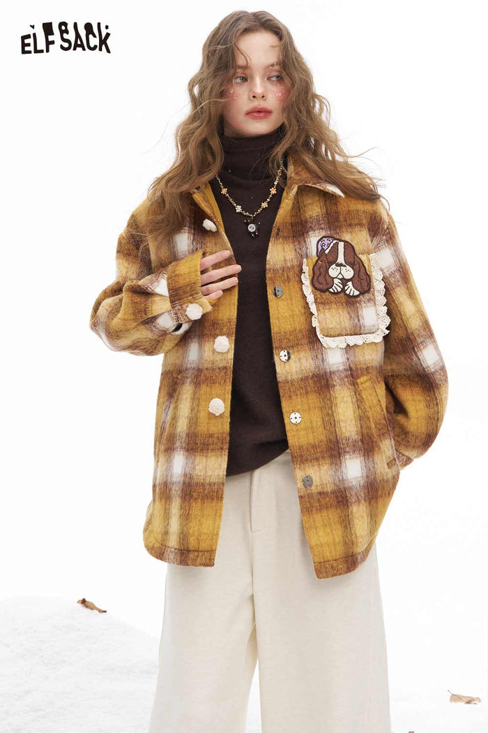 ELFSACK Soft Casual Stripe Dog Graphic Single Breasted Stand Collar Coat