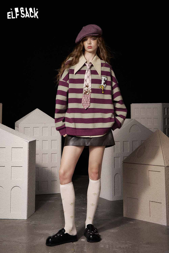 ELFSACK Soft Character Embroidery Stripe Sweatshirt